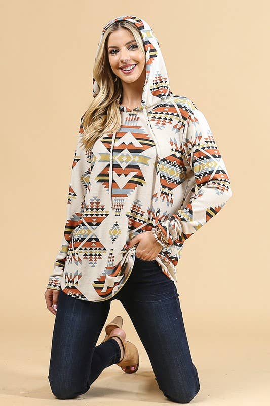 LAUREN AZTEC PRINT ULTRA SOFT HACCI HOODIE: MUSTARD