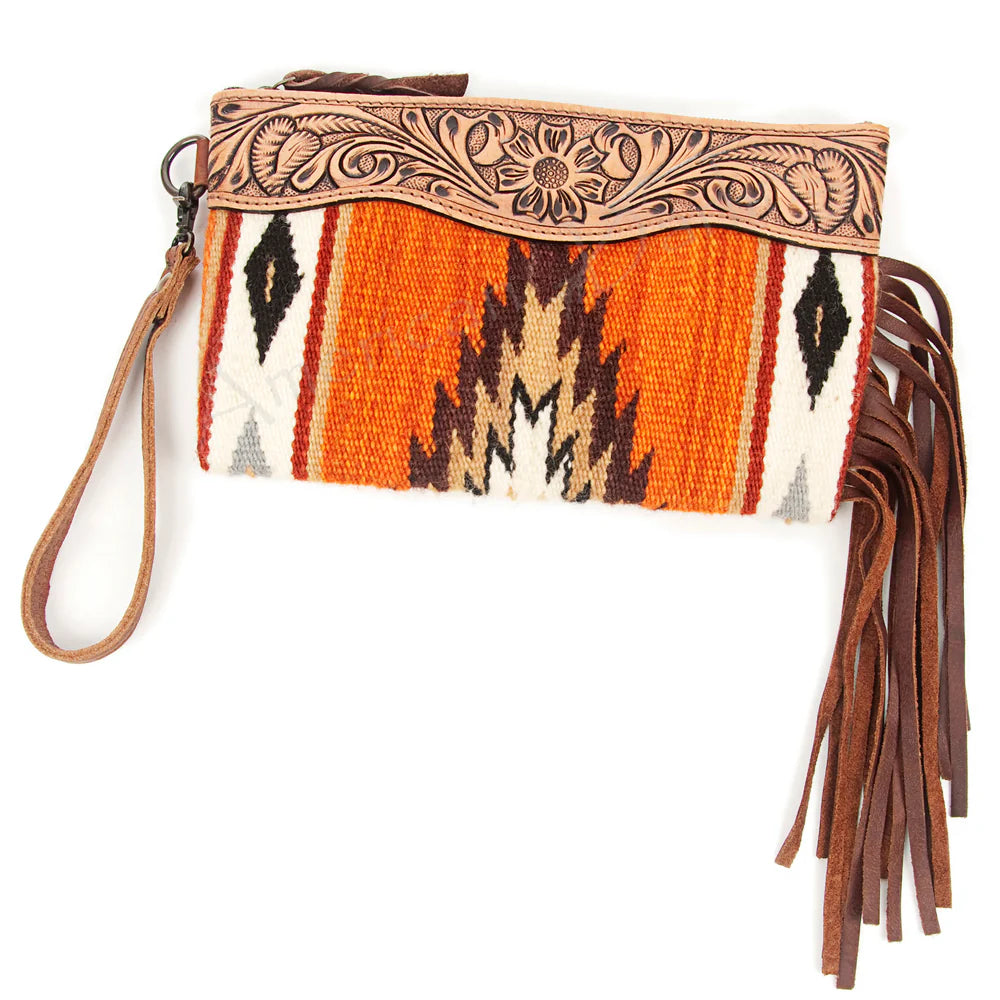 ADBG344D6 American Darling Western Leather Wristlet Bag with Hand Tooled Floral Carving and Saddle Blanket (Copy) (Copy)