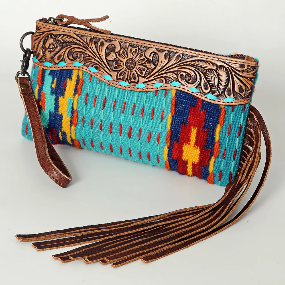 ADBG344AK American Darling Western Leather Wristlet Bag with Hand Tooled Floral Carving and Saddle Blanket