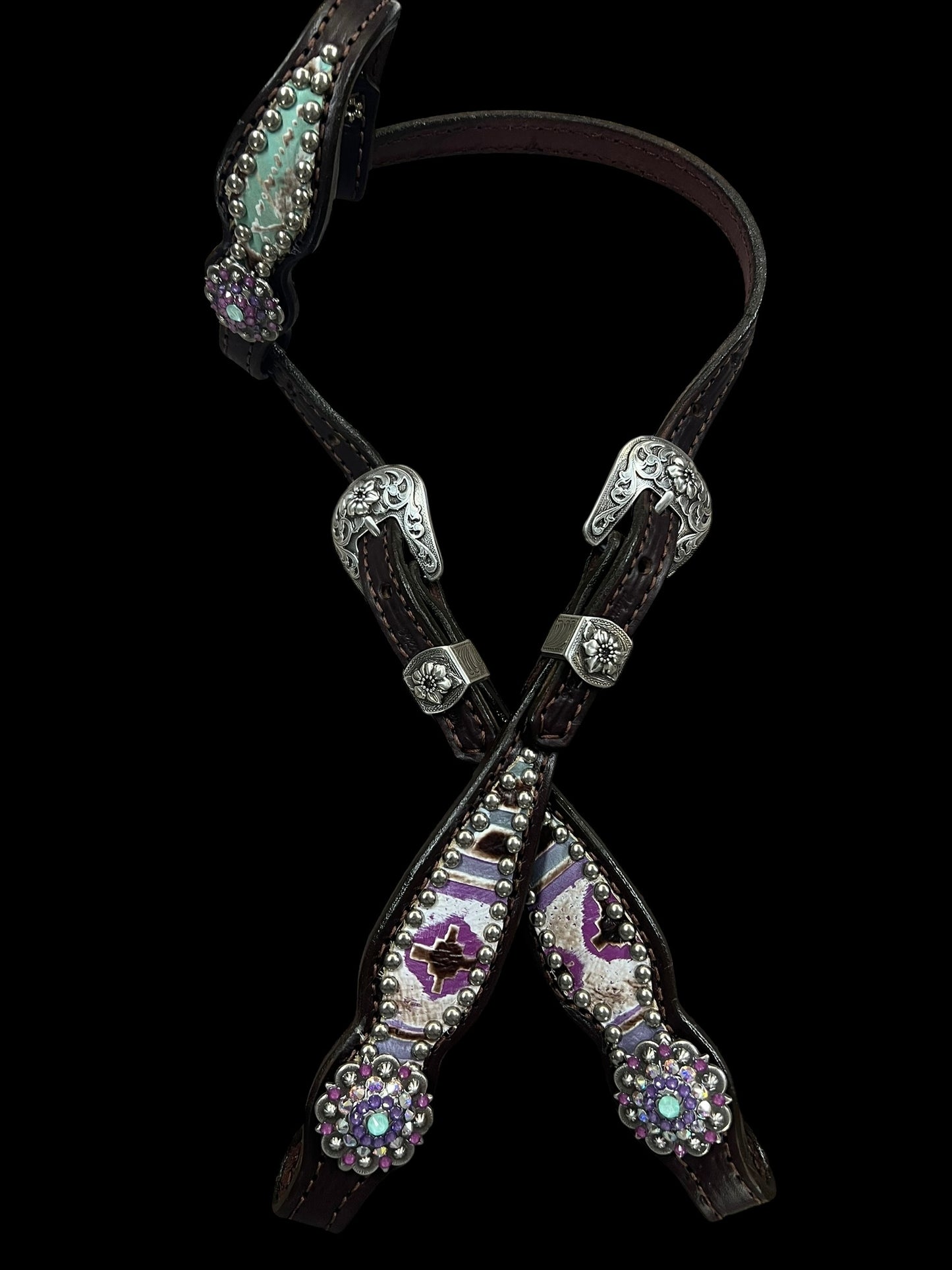 Mint and purple Navajo on dark leather