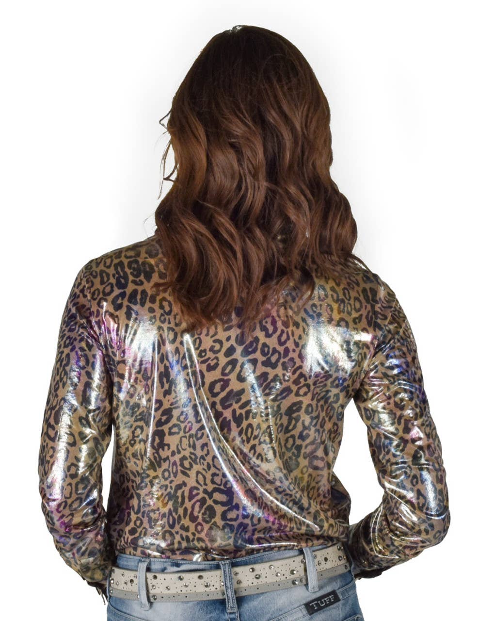 Pullover Button Up Tan Foil Leopard Print Jersey