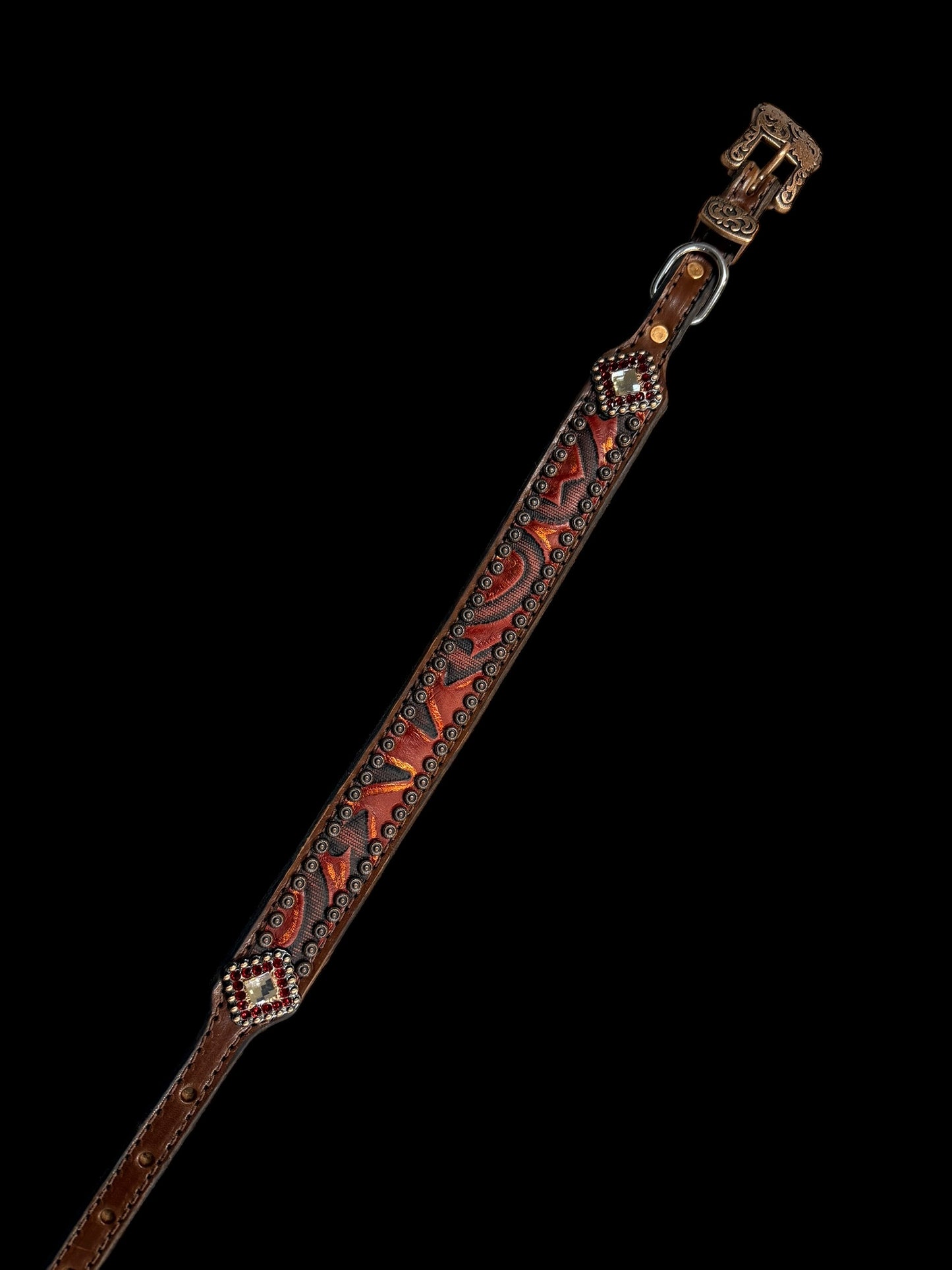 Red and copper Laredo on dark leather