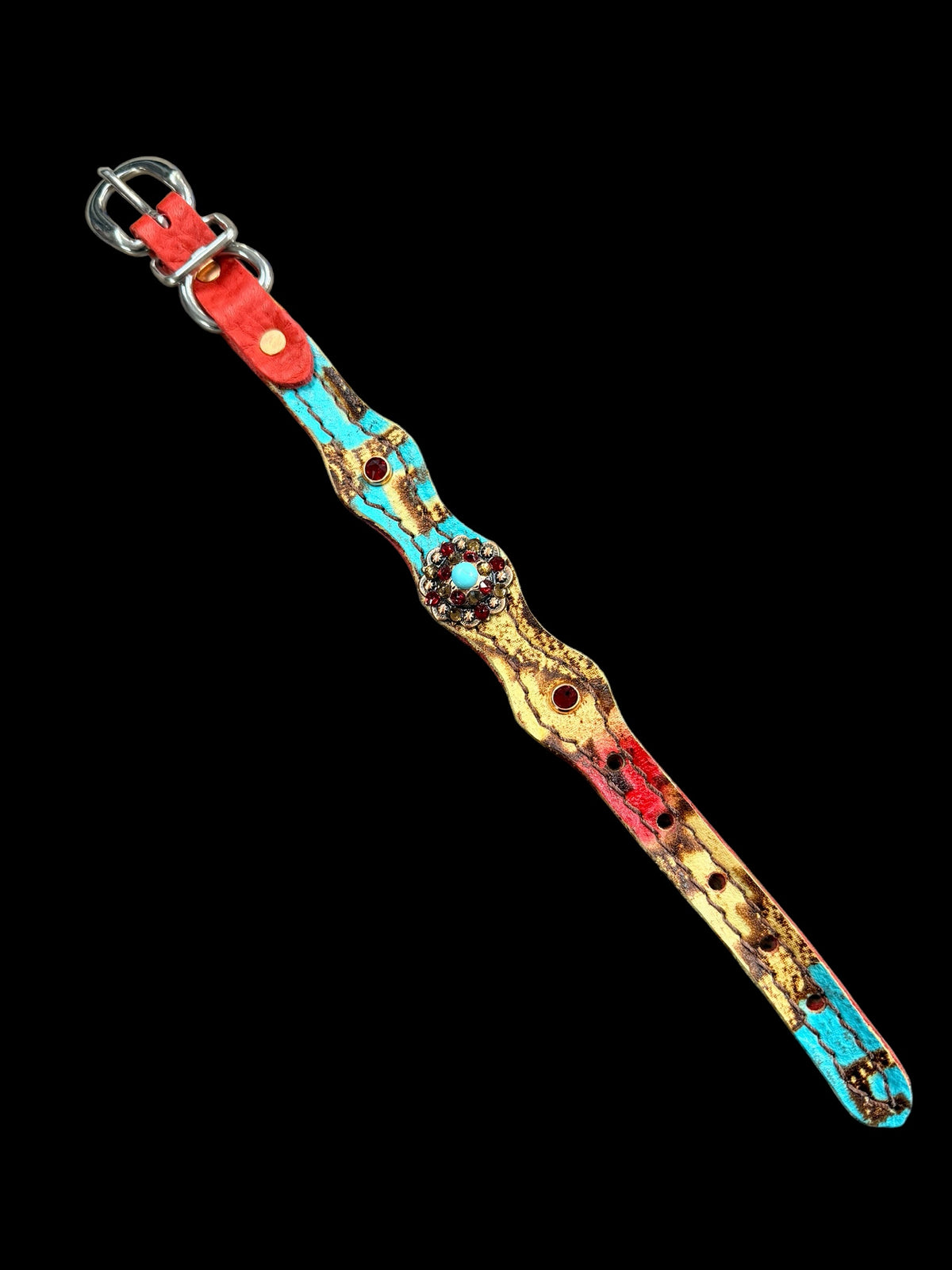 Tan, Red, and Turquoise Taos on dark leather