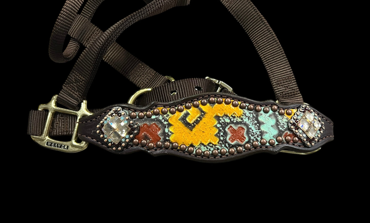 Yellow, mint, and brick red Taos on dark leather
