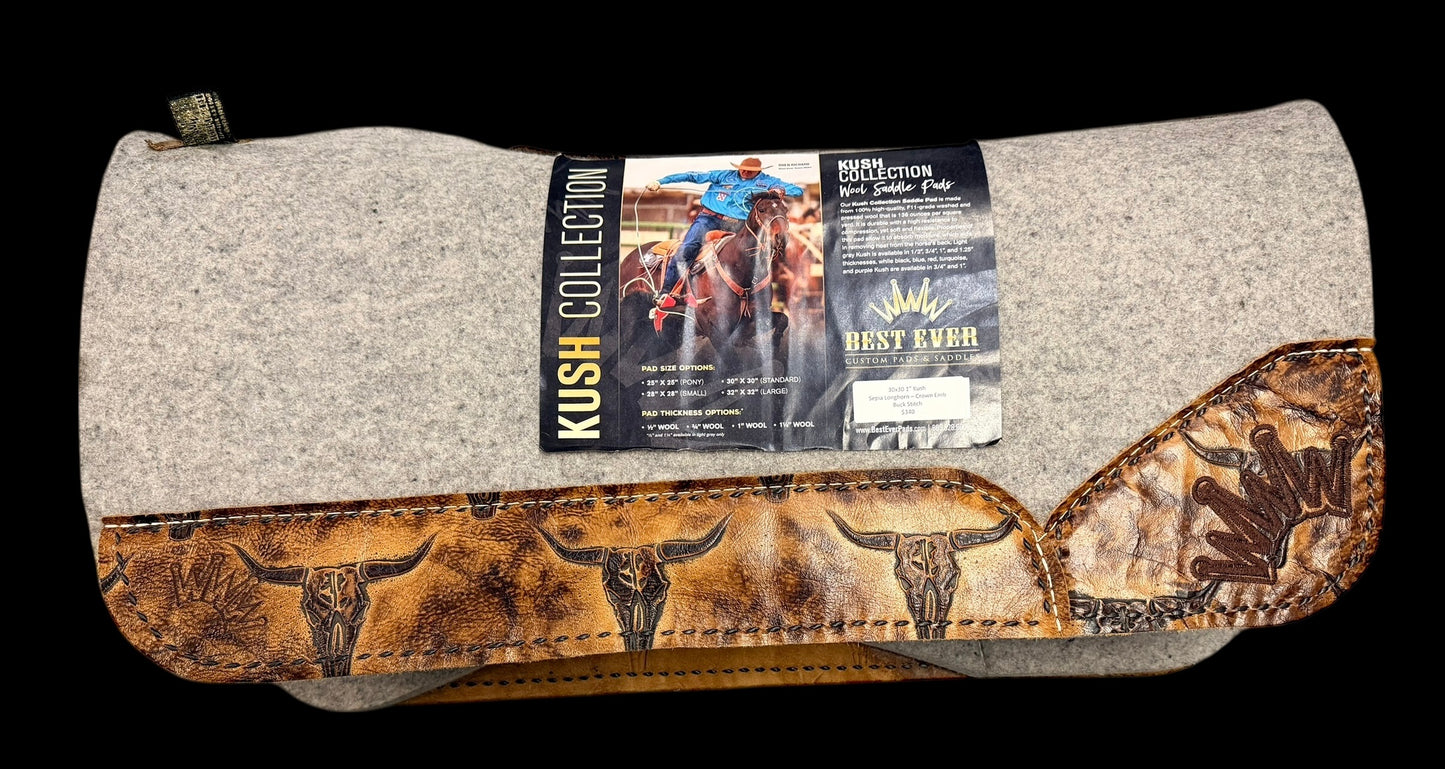 30X30" 1" Kush Sepia Longhorn Crown Emb Buckstitch Best Ever Saddle Pad