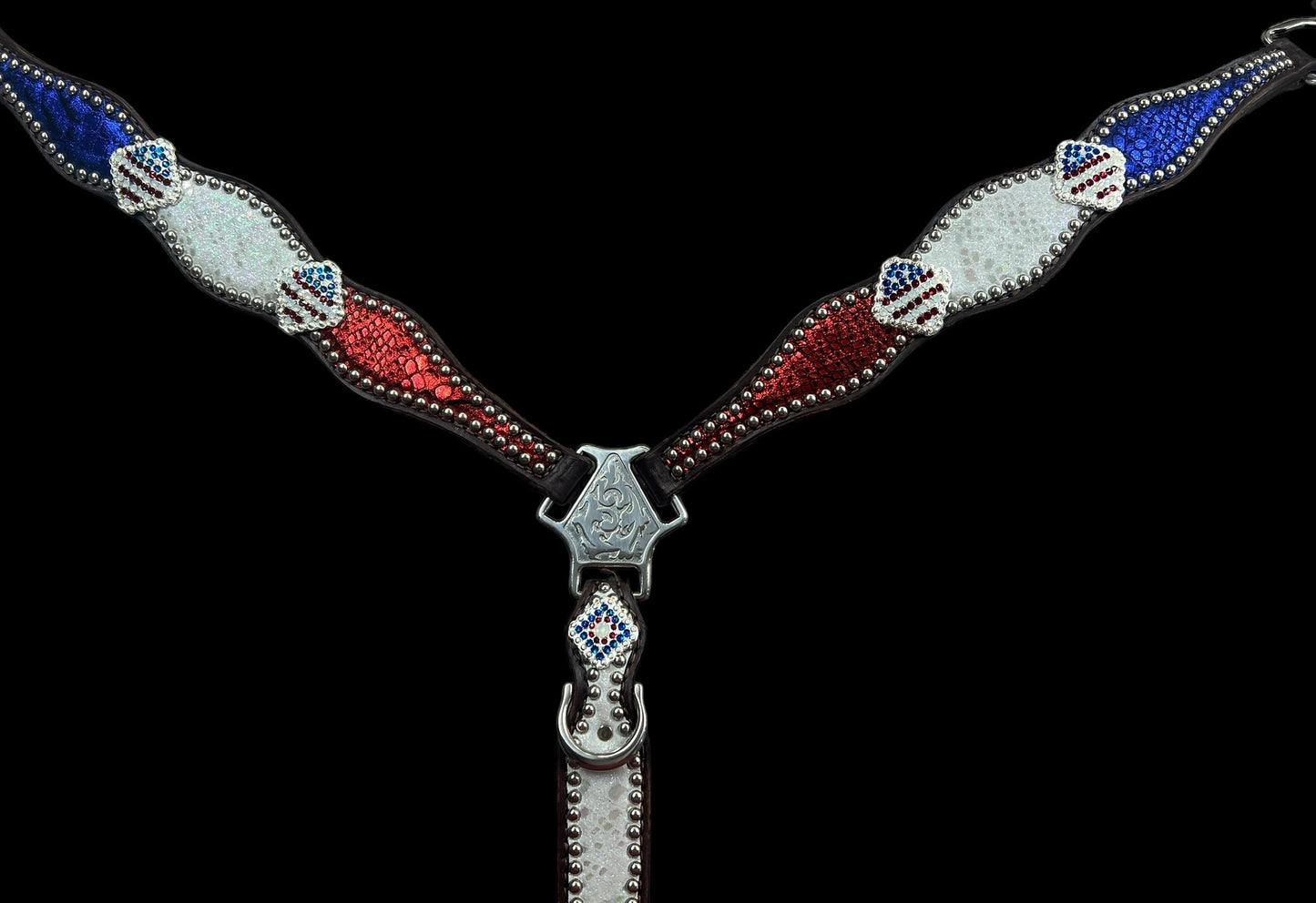 Red, white, and blue mystic on dark