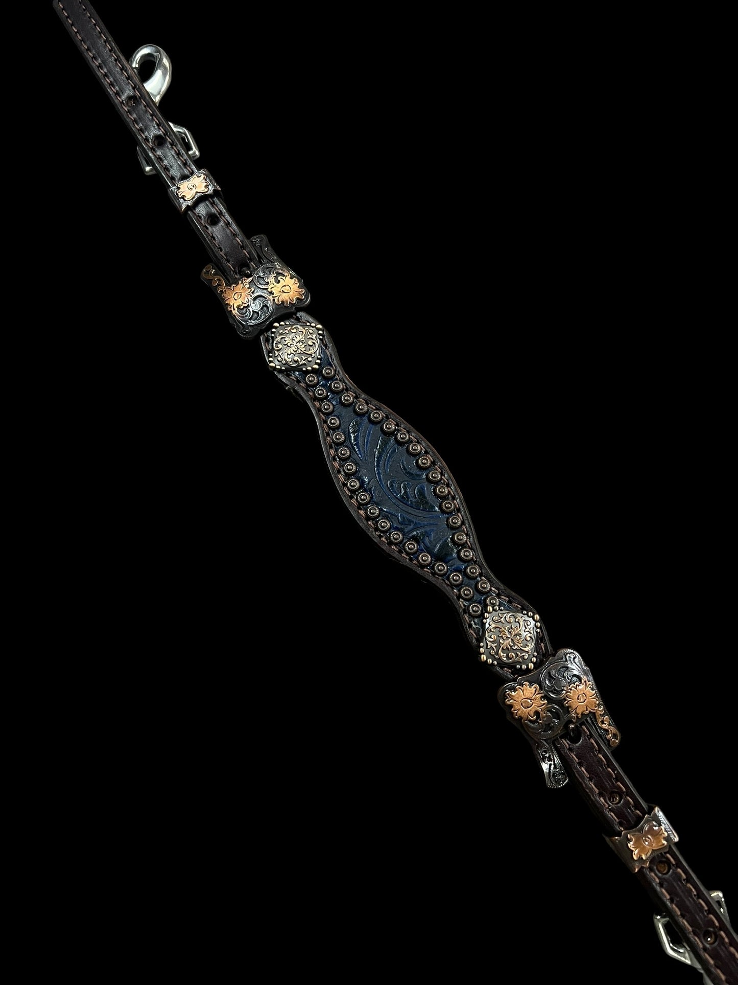 Navy floral on dark leather