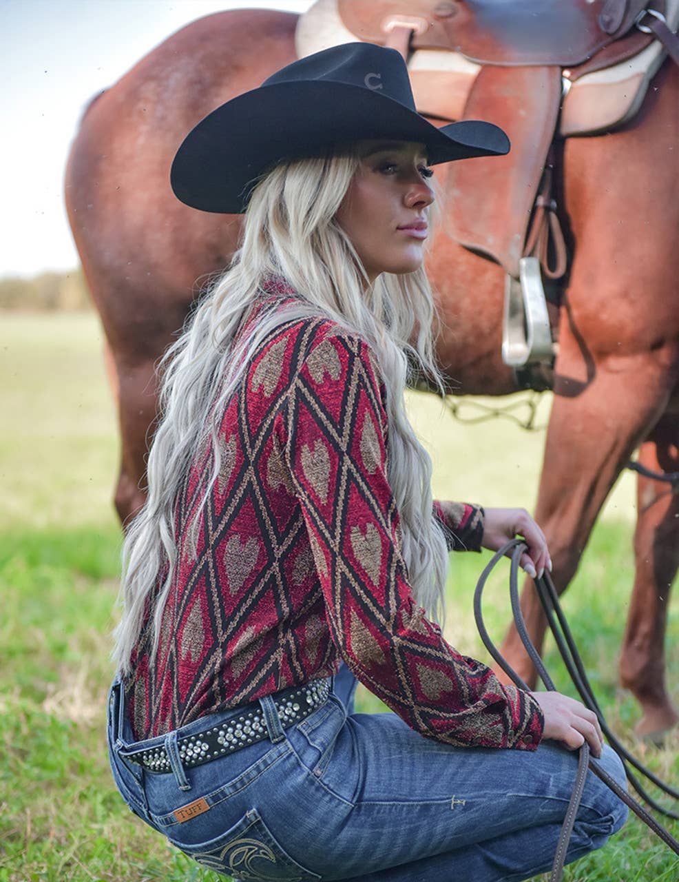 Pullover Button Up with Red Shimmery Diamonds and Hearts