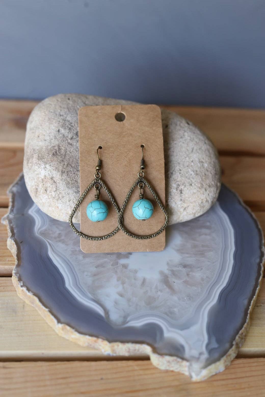 Gold Oval Dangle Earrings with Turquoise Drop
