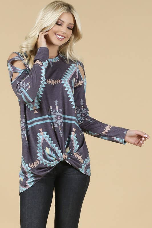 HEIDI Aztec print cold shoulder side twist knit top