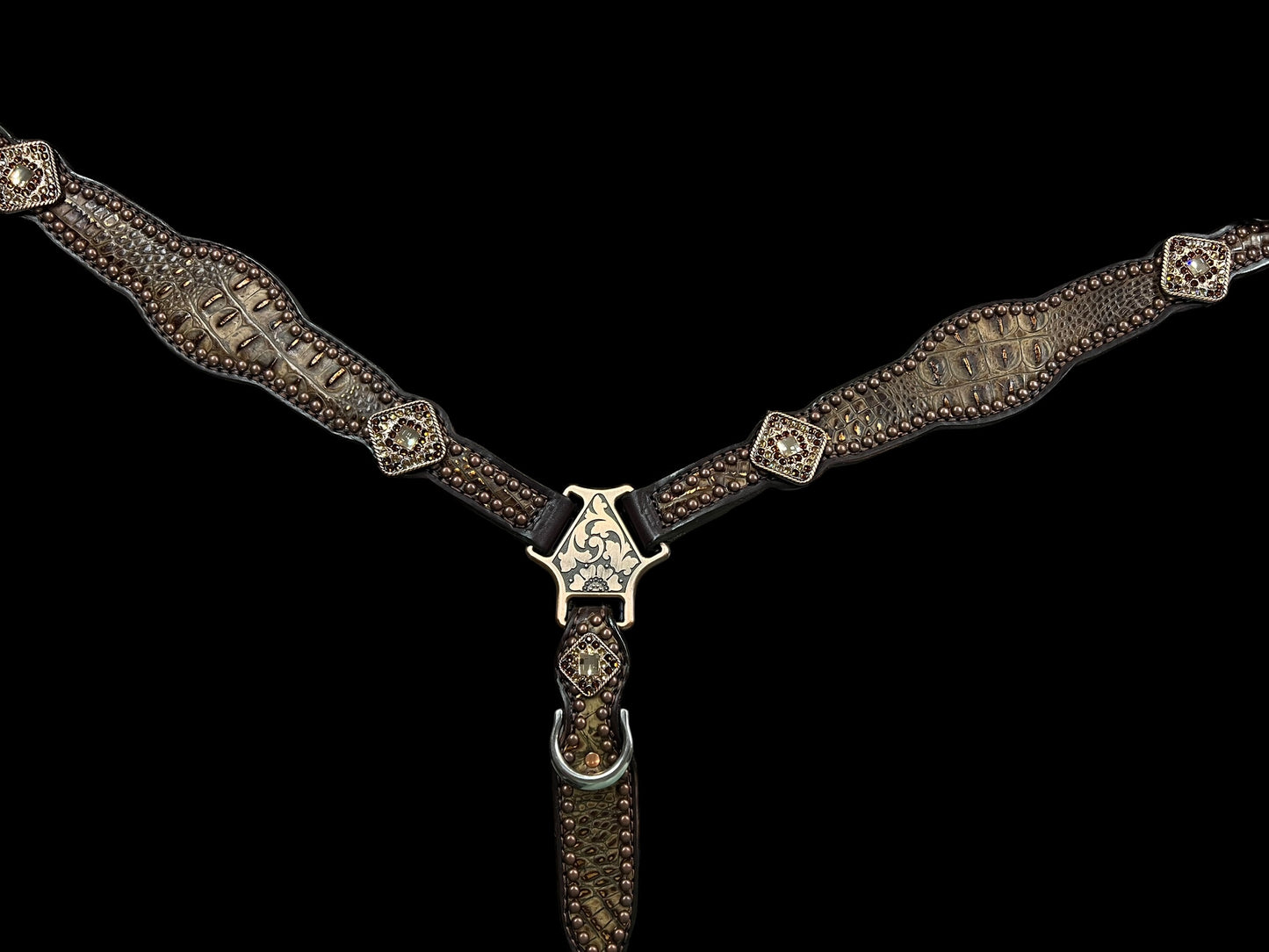 Copper gator on dark leather