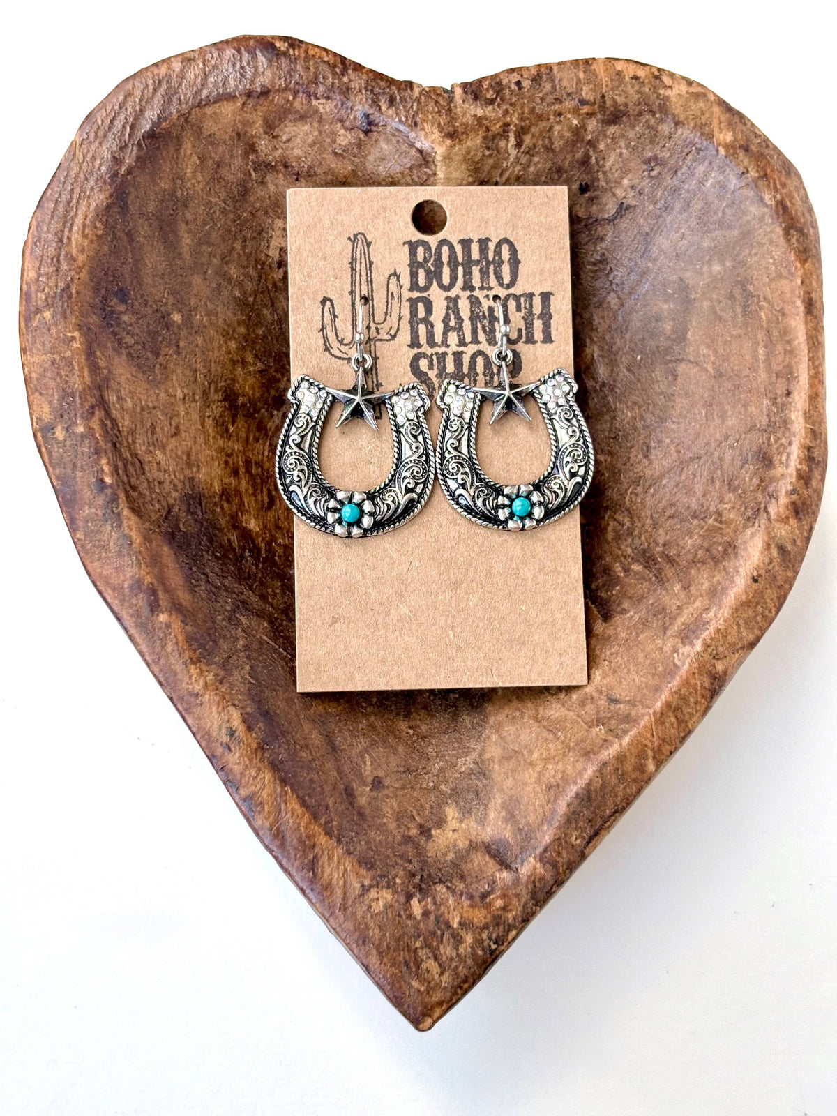 Western Horseshoe Star Turquoise Stone Dangle Earrings