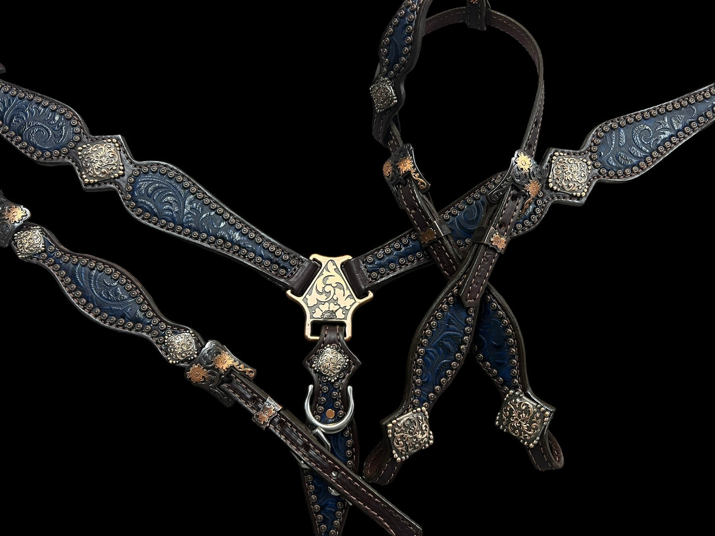 Navy floral on dark leather