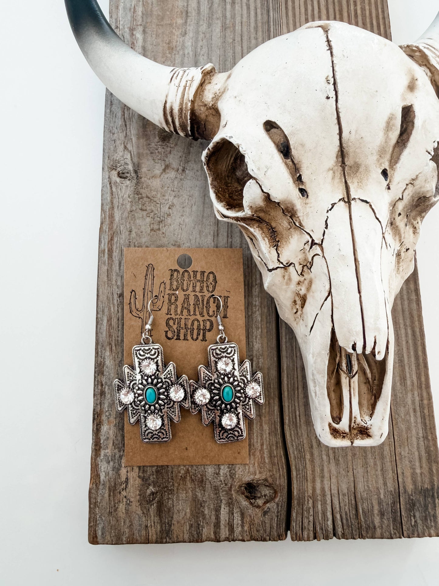 Western Style Aztec Cross Turquoise Stone Dangle Earrings: CLEAR STONE