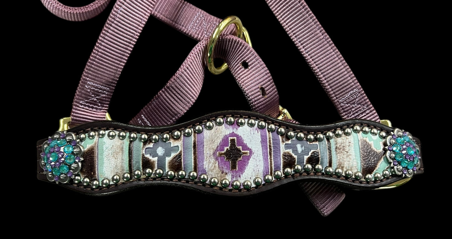 Mint and purple Navajo on dark leather