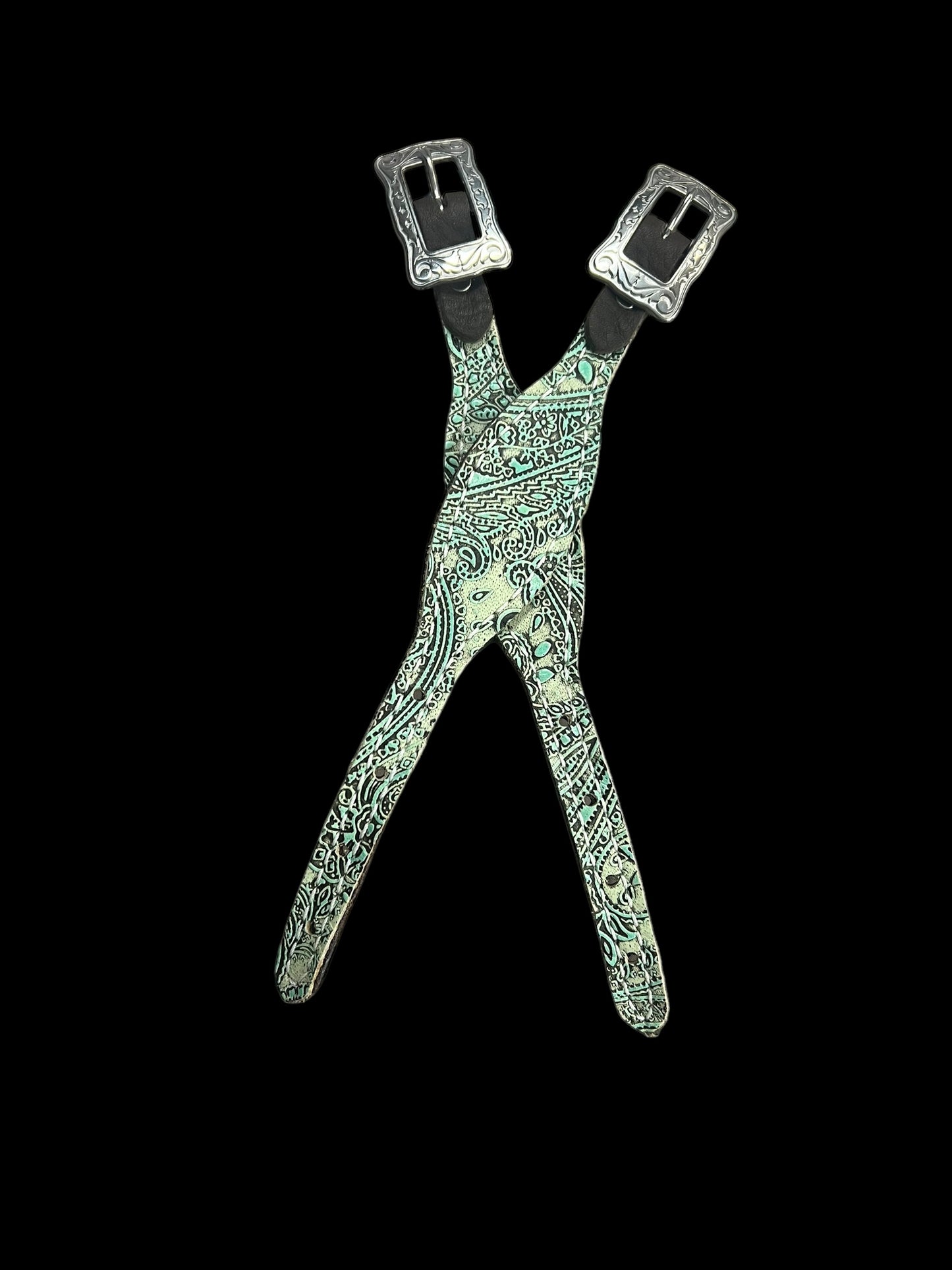 Turquoise and mint paisley on dark leather is