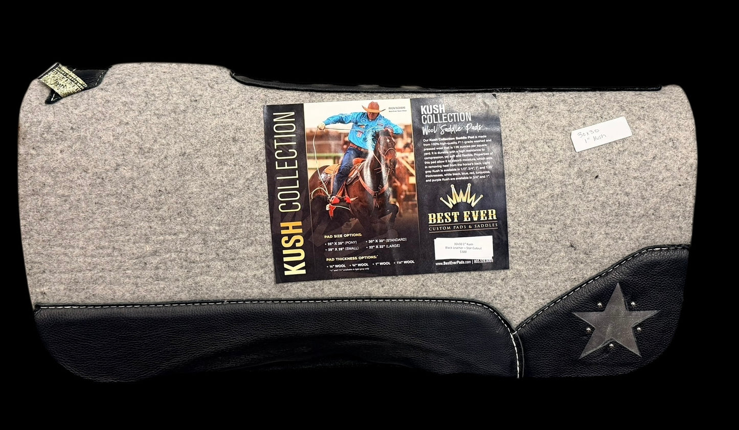 30X30" 1" Kush Black Leather Star Cutout Best Ever Saddle Pad