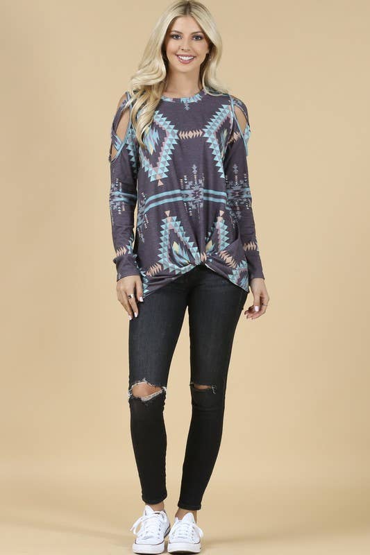 HEIDI Aztec print cold shoulder side twist knit top