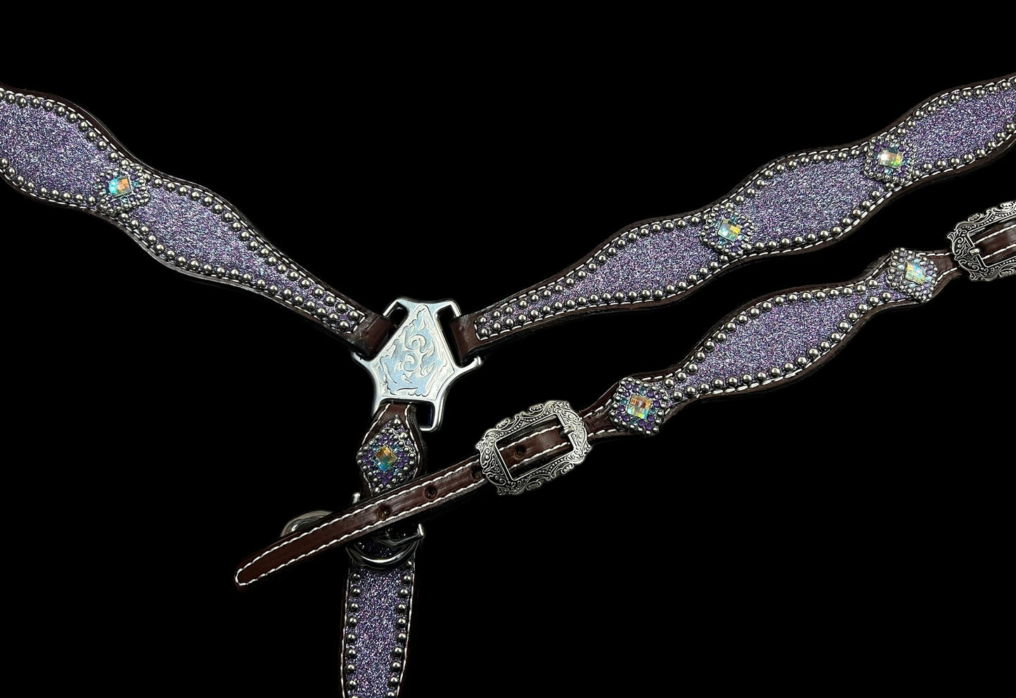 Lilac glitter on walnut leather