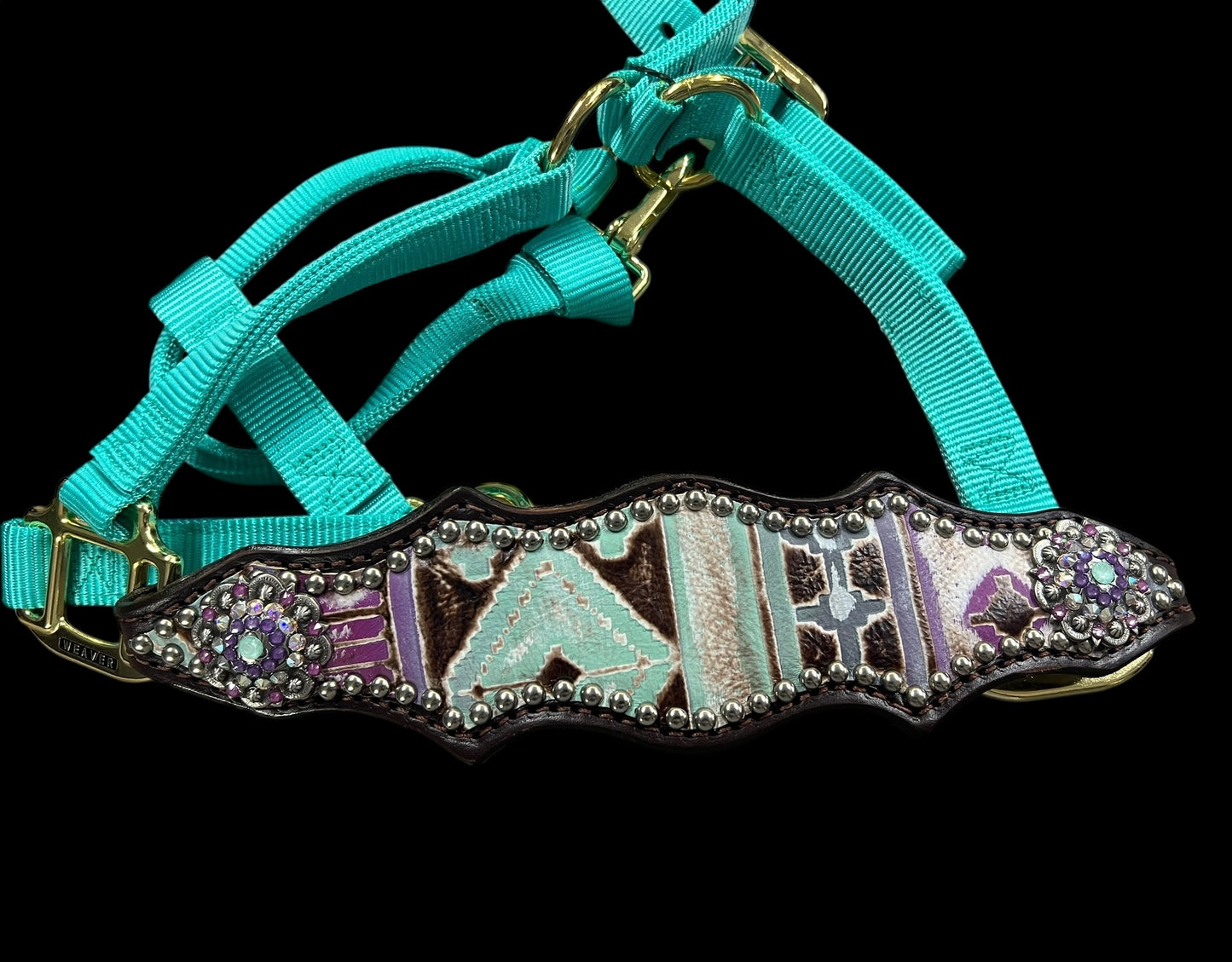 Mint and purple Navajo on dark leather