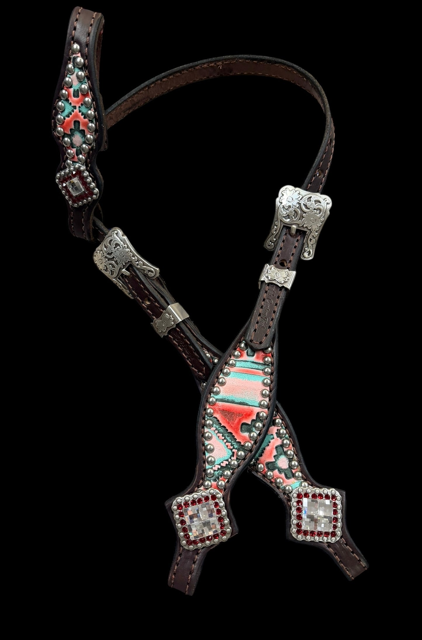 Red and mint navajo on dark leather