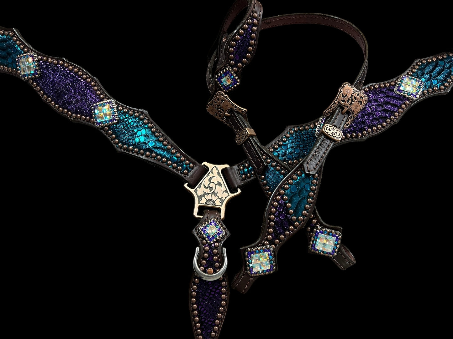 Teal and purple mystic on dark leather