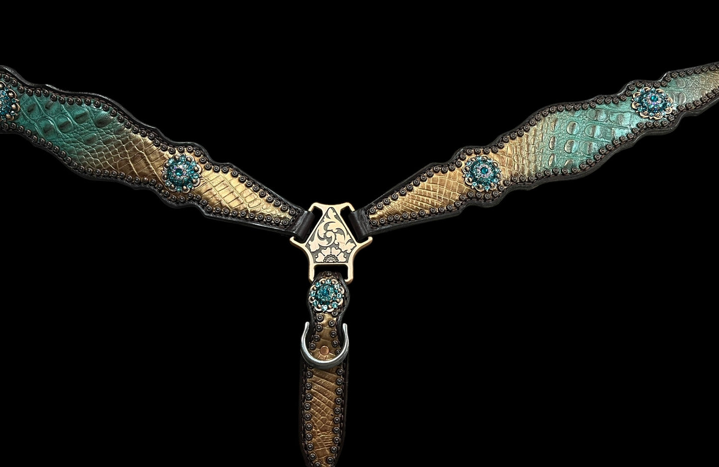Brown and teal gator on dark leather