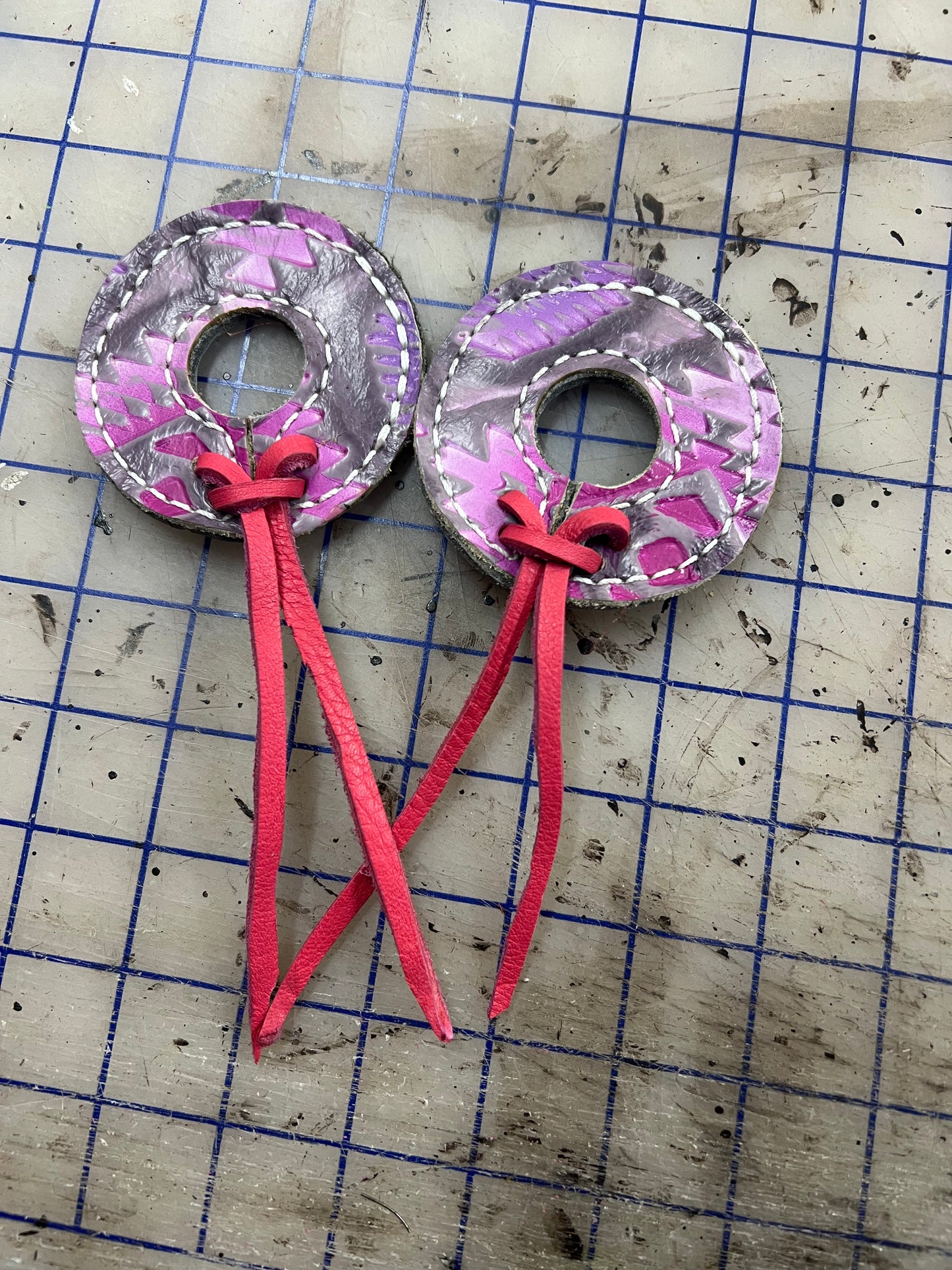 Light pink and purple Aztec on chocolate leather