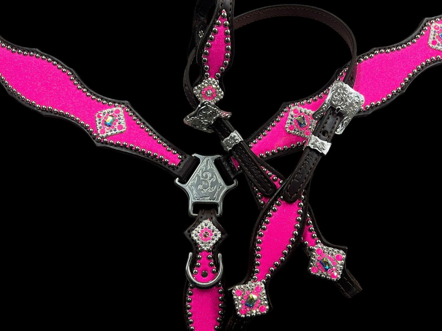 Hot pink glitter on dark leather