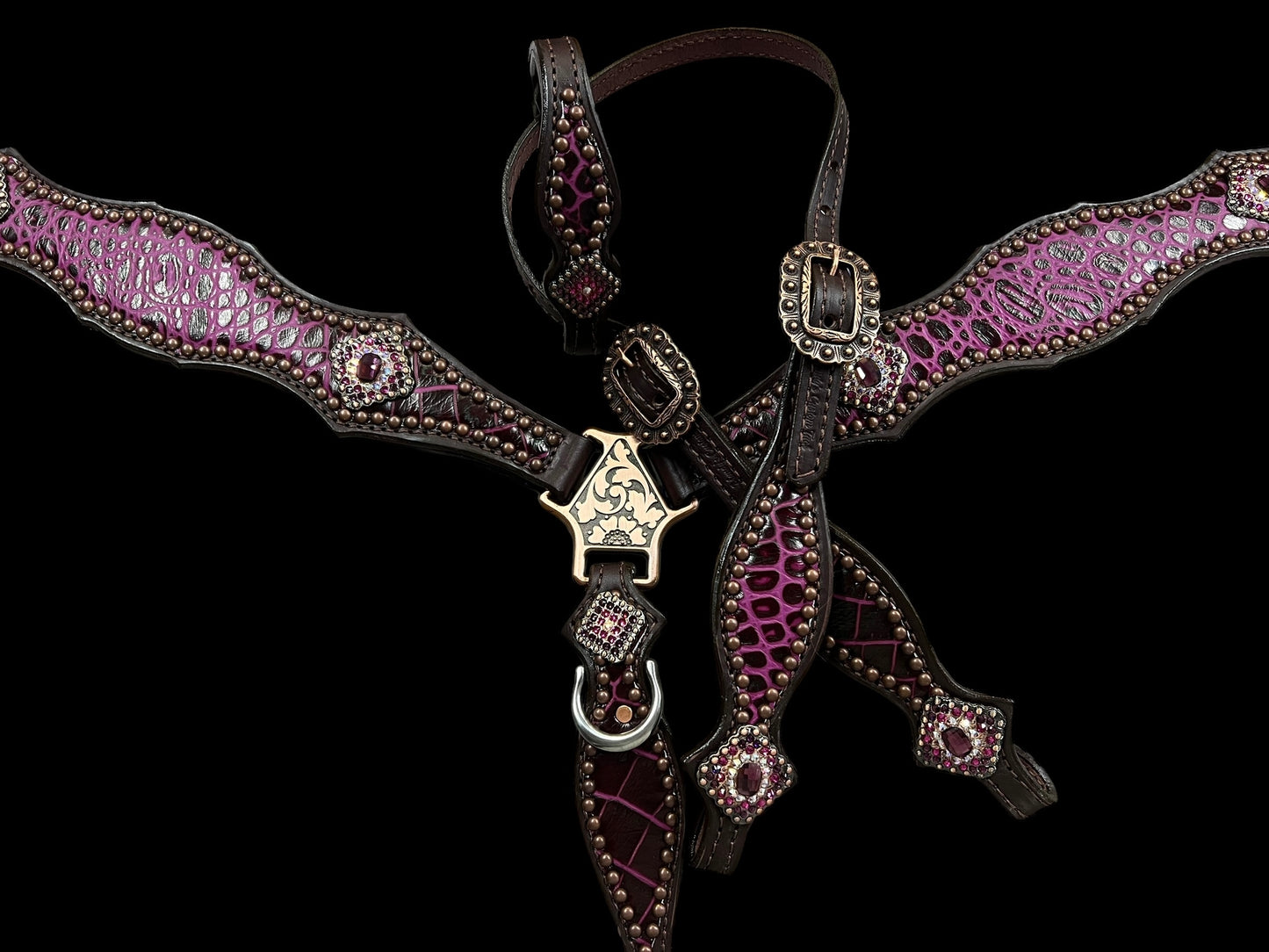 Fuchsia gator on dark leather