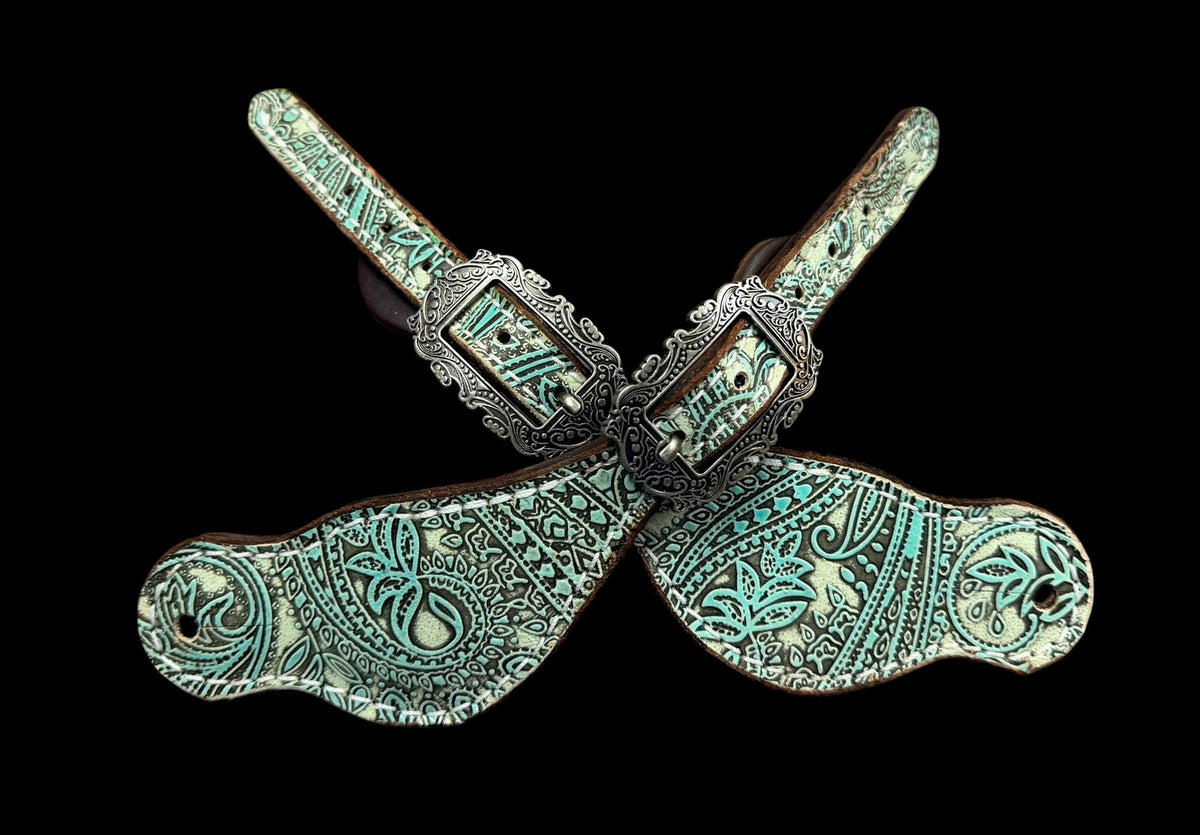 Turquoise and mint paisley on dark leather
