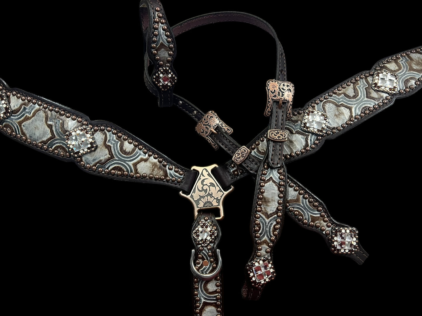 Brown and cream Arabesque on dark leather