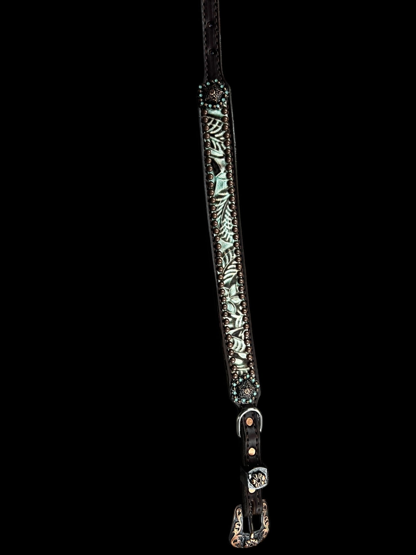 Brown and mint floral on dark leather