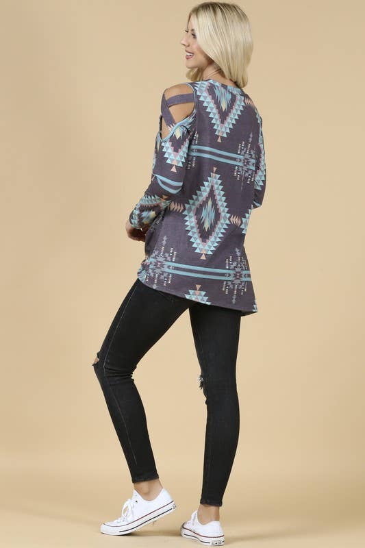 HEIDI Aztec print cold shoulder side twist knit top