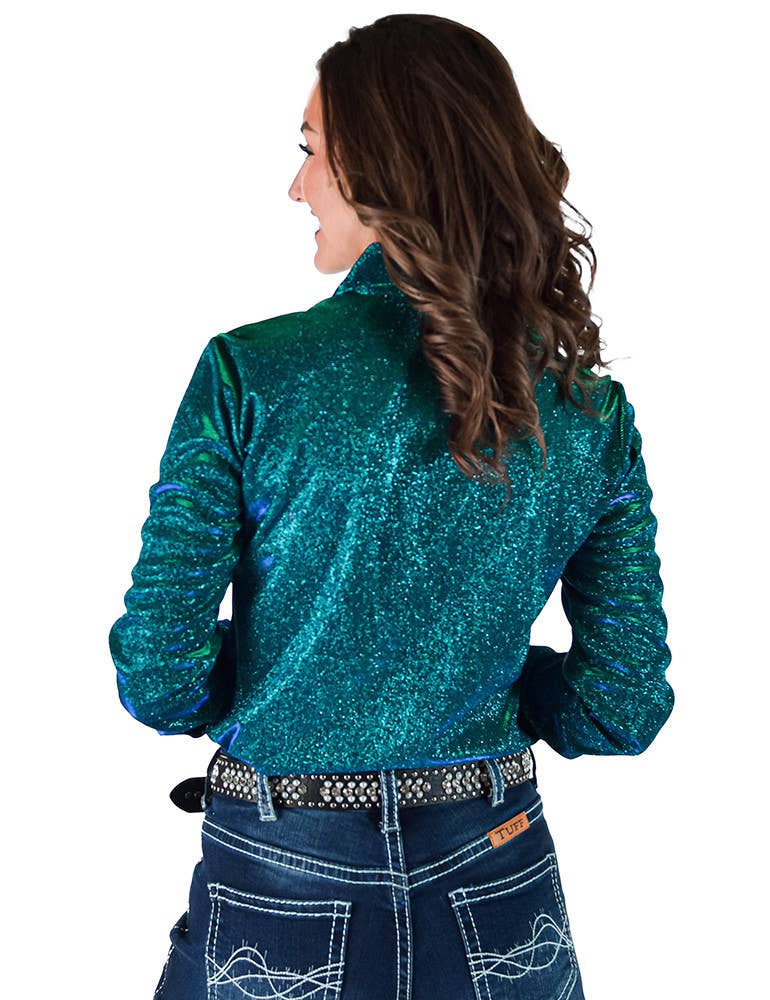 Turquoise Iridescent Shimmer Satin Pullover Button Up
