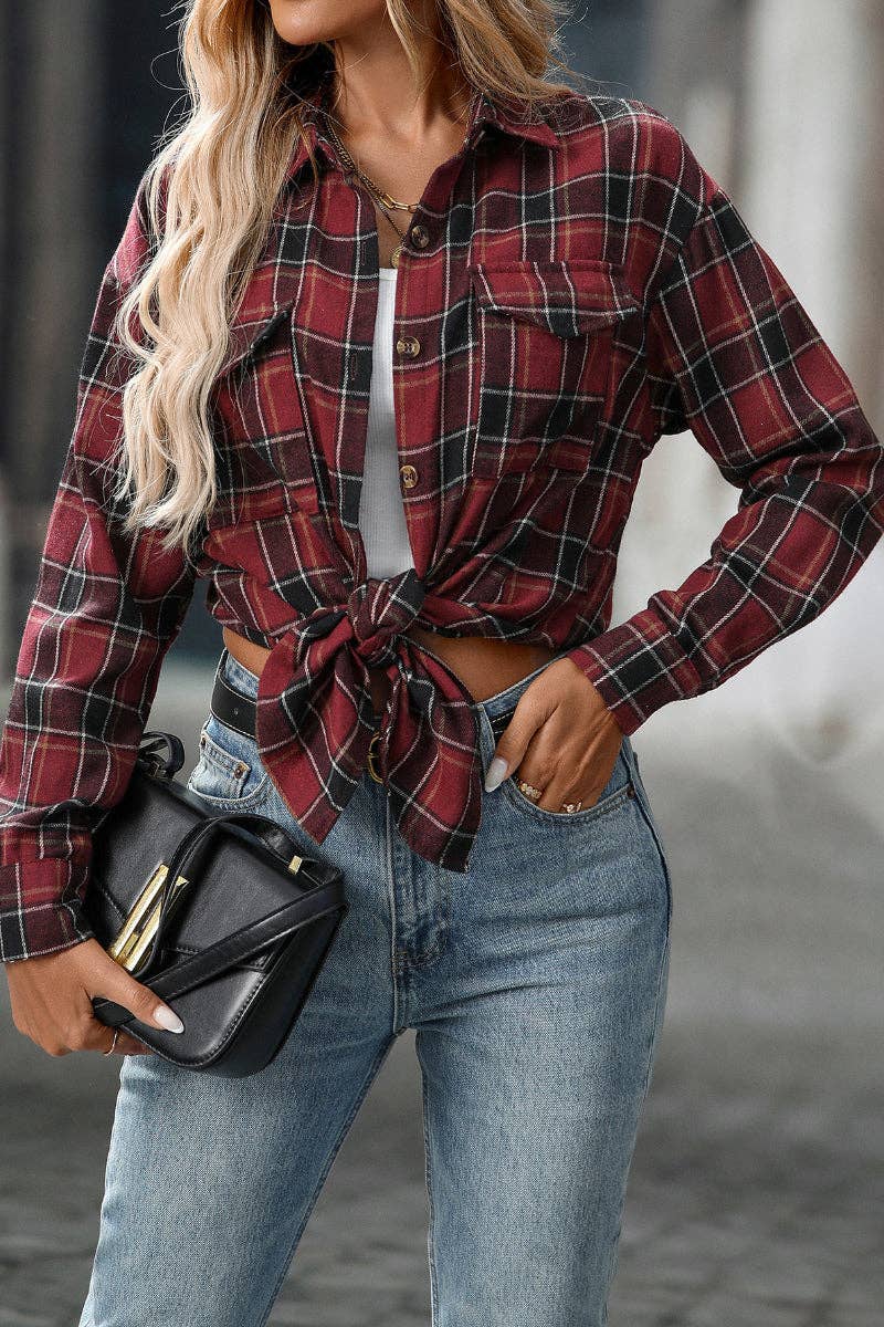 Plaid Long Sleeve Button Down Shirt with Chest Pockets