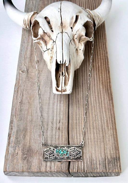 Western Aztec Druzy Buffalo Turquoise Stone Pendant Necklace