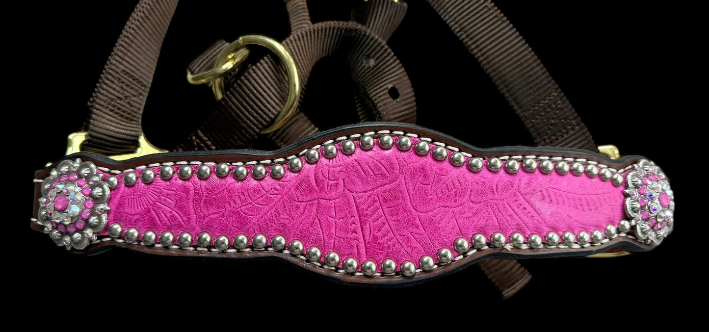 Pink Dallas Floral on walnut leather