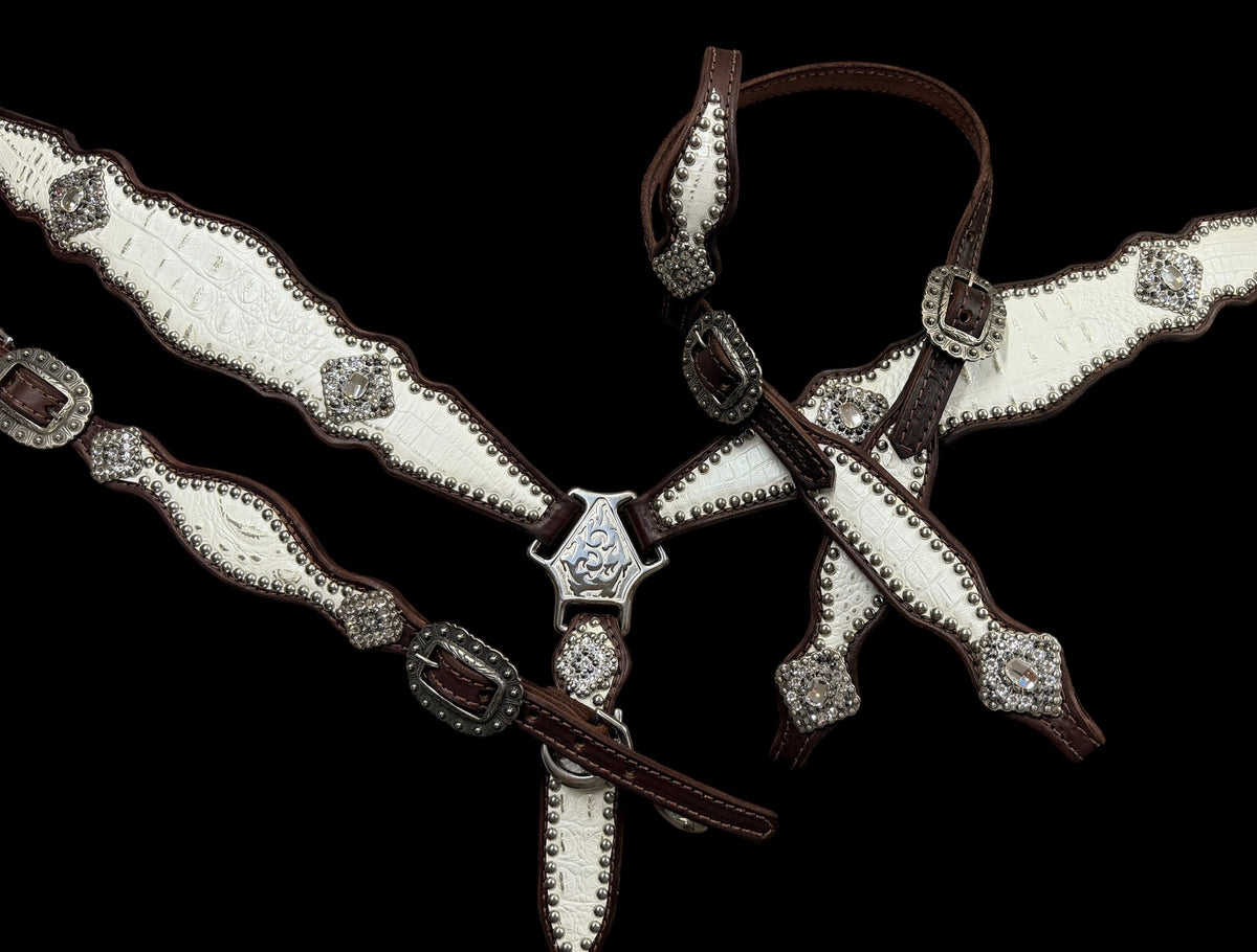 White with silver tips gator on dark leather