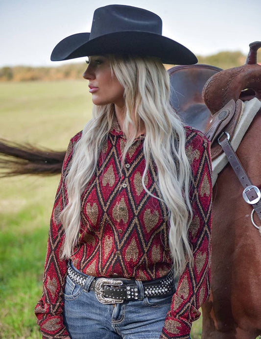 Pullover Button Up with Red Shimmery Diamonds and Hearts