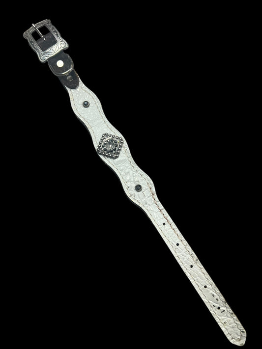 White with silver tips gator on dark leather