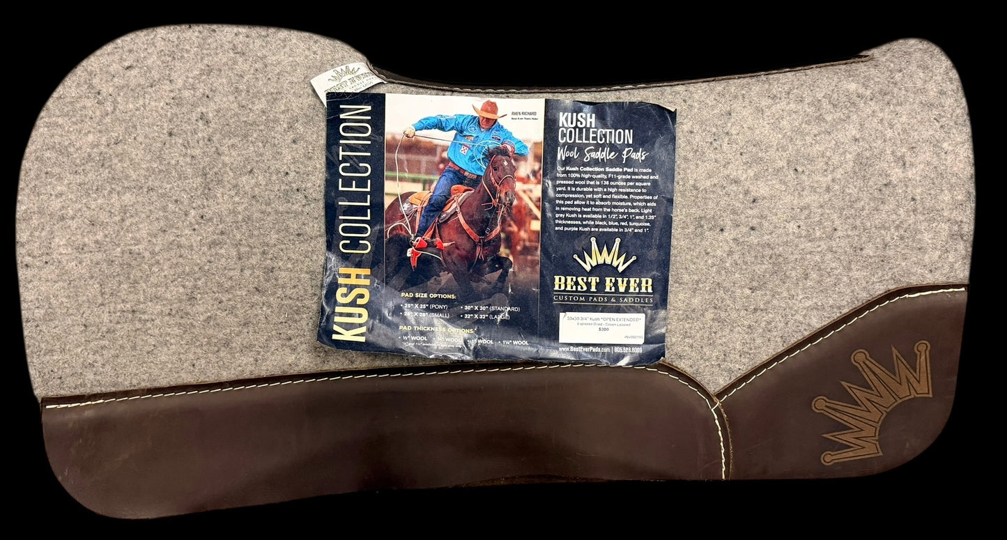 30X30"  3/4" Kush Open Extended Expresso Oiled Crown Lasered Best Ever Saddle Pad