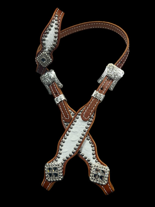 White gator on chestnut leather