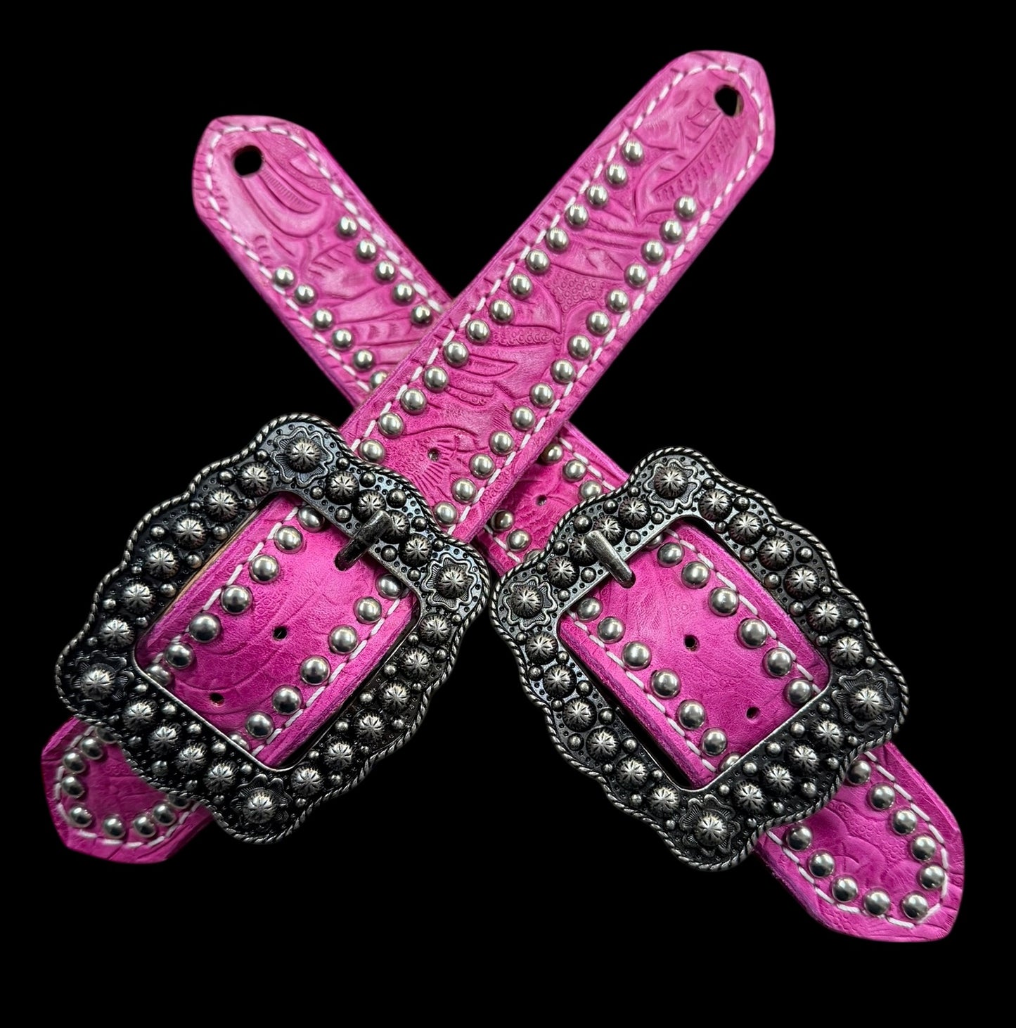 Pink Dallas Floral on walnut leather