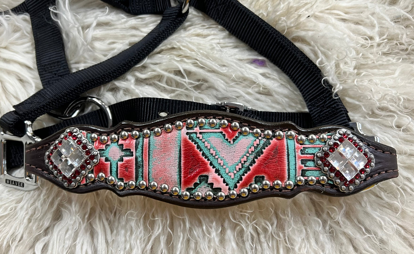 Red and mint navajo on dark leather