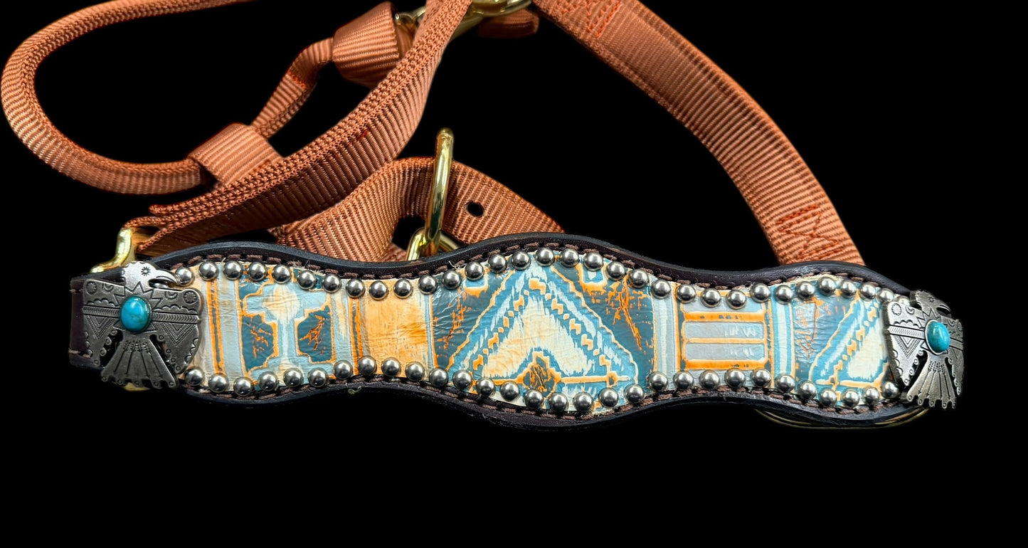 Orange and turquoise navajo on dark leather