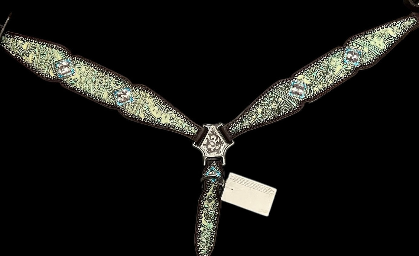 Turquoise and mint paisley on dark leather