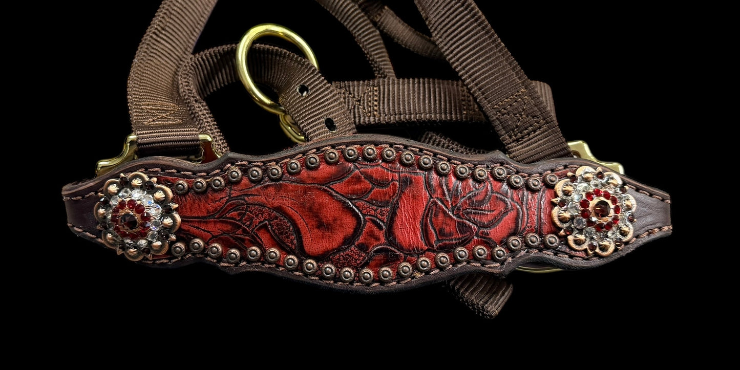 Red roses on dark leather