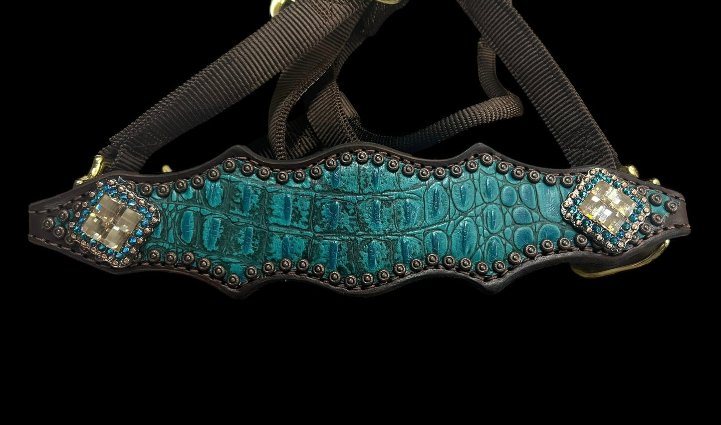 Teal gator on dark leather