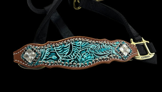 Teal and black floral on medium leather